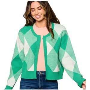 MISS LOVE Green & White Open Front Color Blocked Cardigan Sweater - Size L